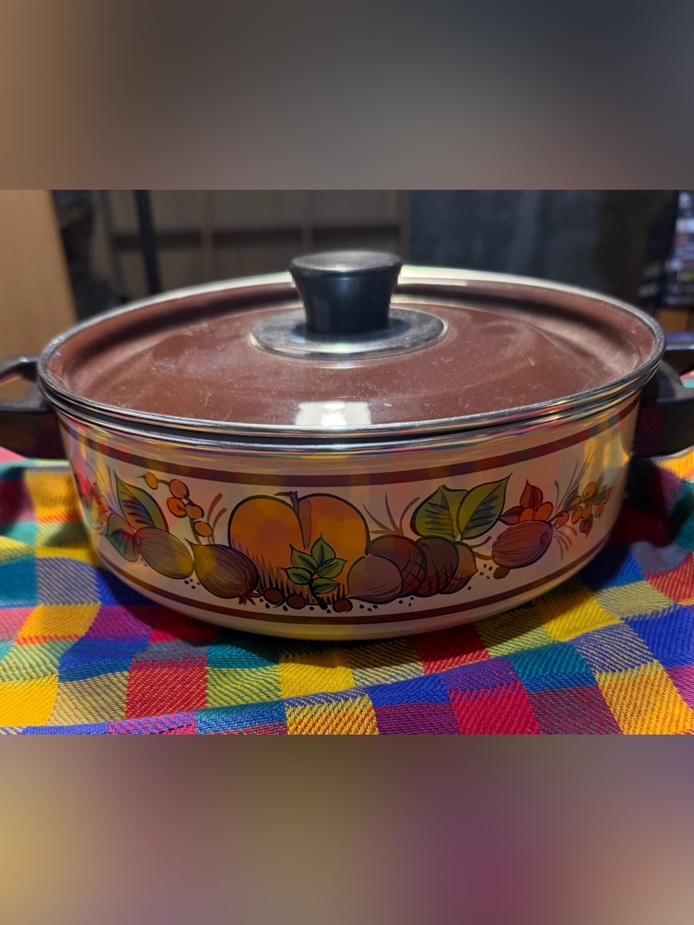 Vintage Fruit And Vegetable Pattern Enamel Covered Casserole Pot
